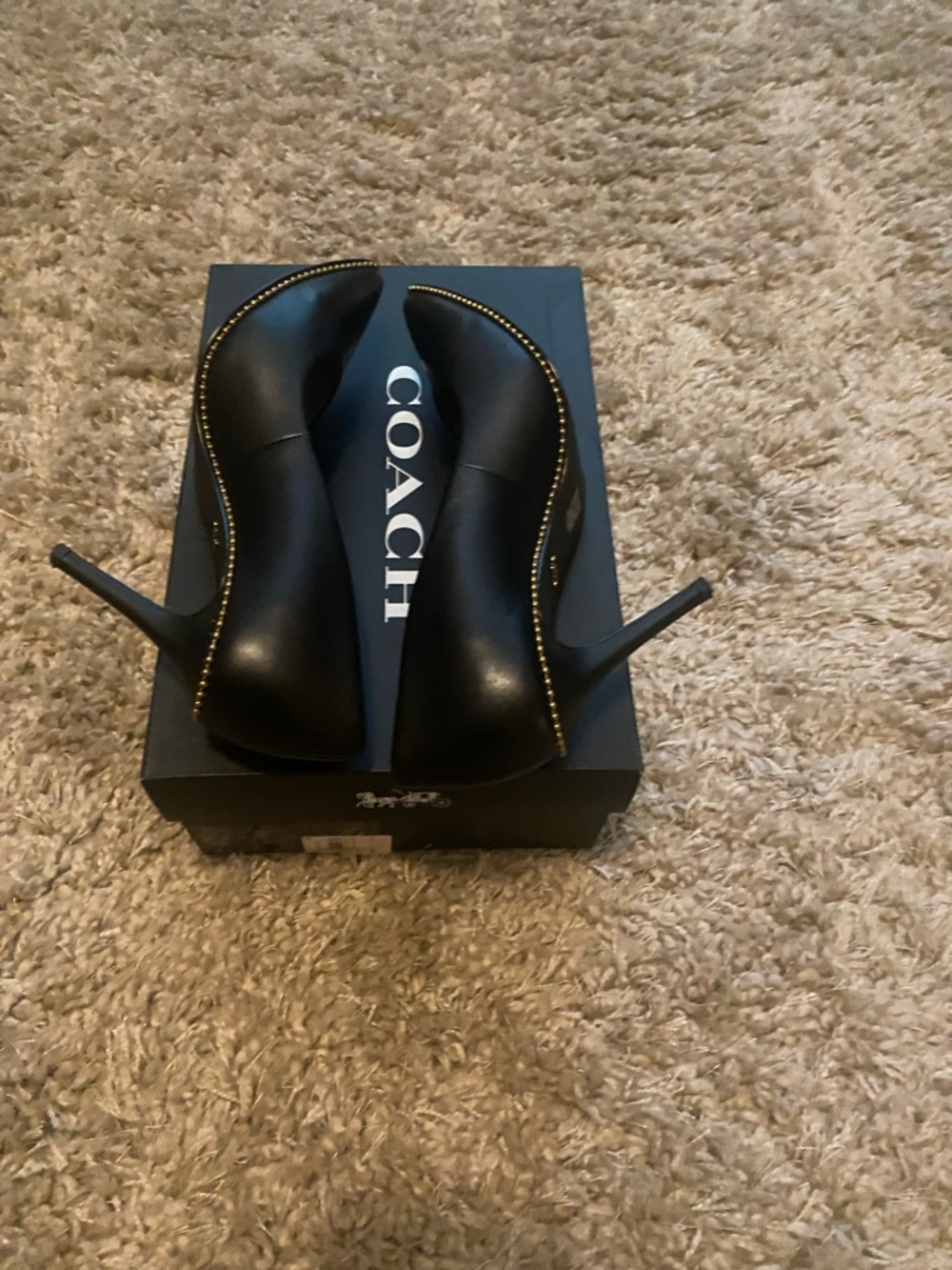 Coach Waverly 85 BChain Black Pointed Toe Leather Heels with Gold Stud Trim - Picture 9 of 10